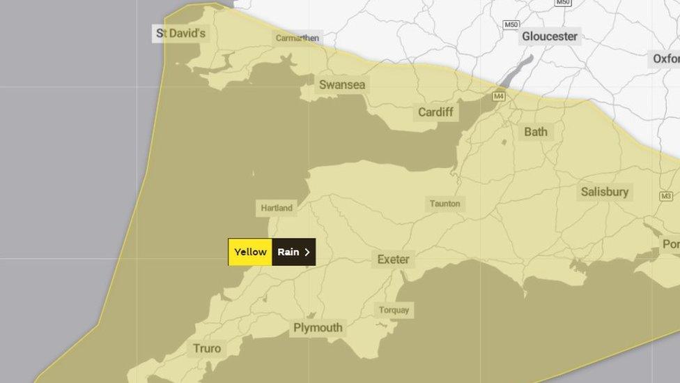 Map of south Wales and cornwall showing the extent of the rain.