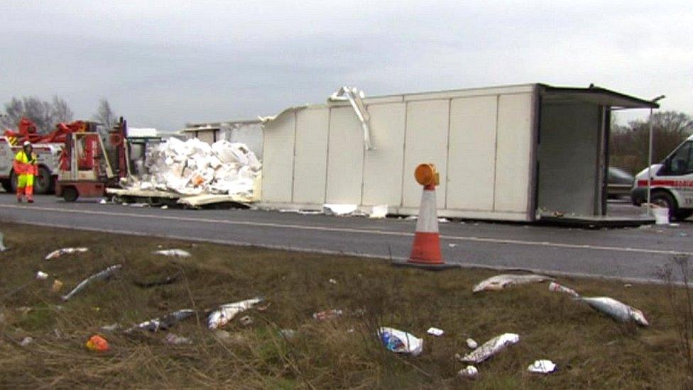 Crashed lorry and fish on hard shoulder