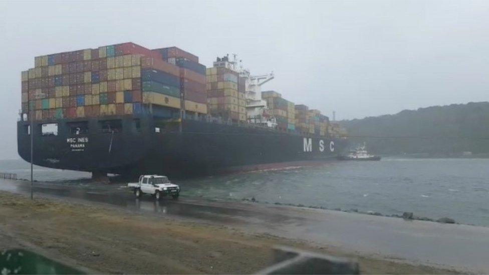 A container ship blocks the harbour mouth in Durban, South Africa, 10 October 2017