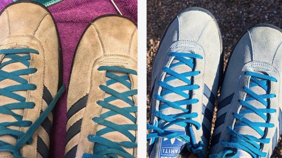 A pair of trainers before and after they were restored by Lance Birchall