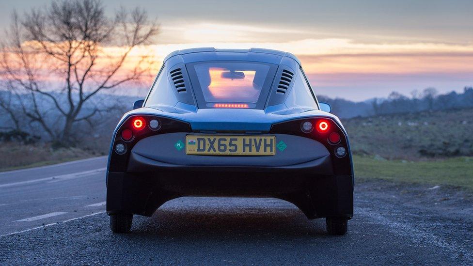 Rear of a Rasa Riversimple Movement hydrogen car on road