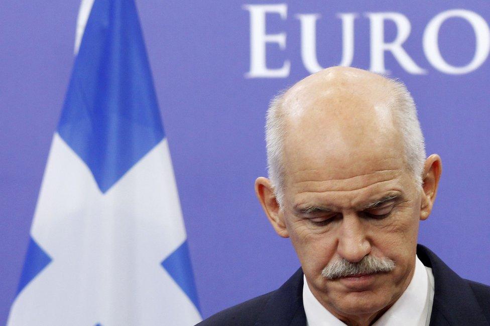 Greek Prime Minister George Papandreou briefs the media after a meeting with European Council President Herman Van Rompuy in Brussels, 13 October 2011