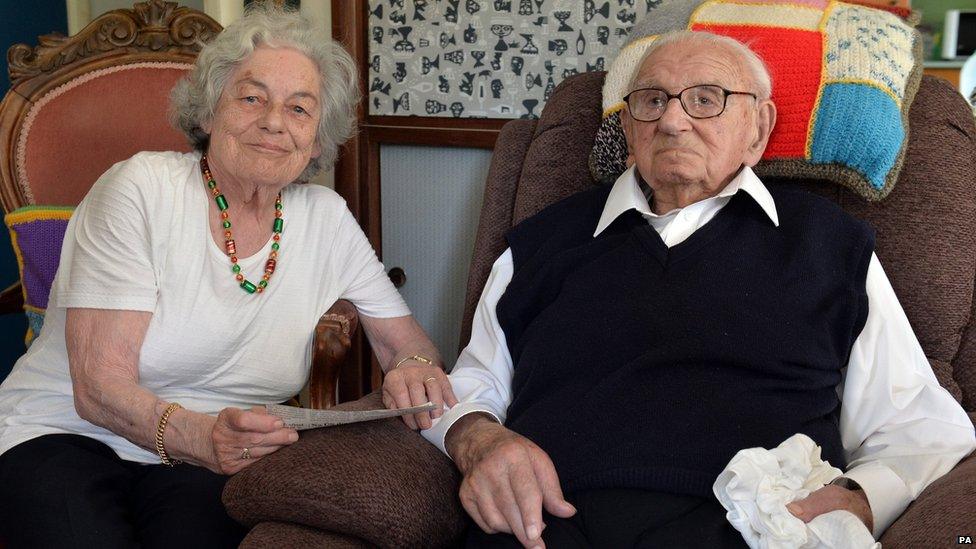 Sir Nicholas Winton poses with Vera Schaufeld one of the children he saved, at his home in Maidenhead