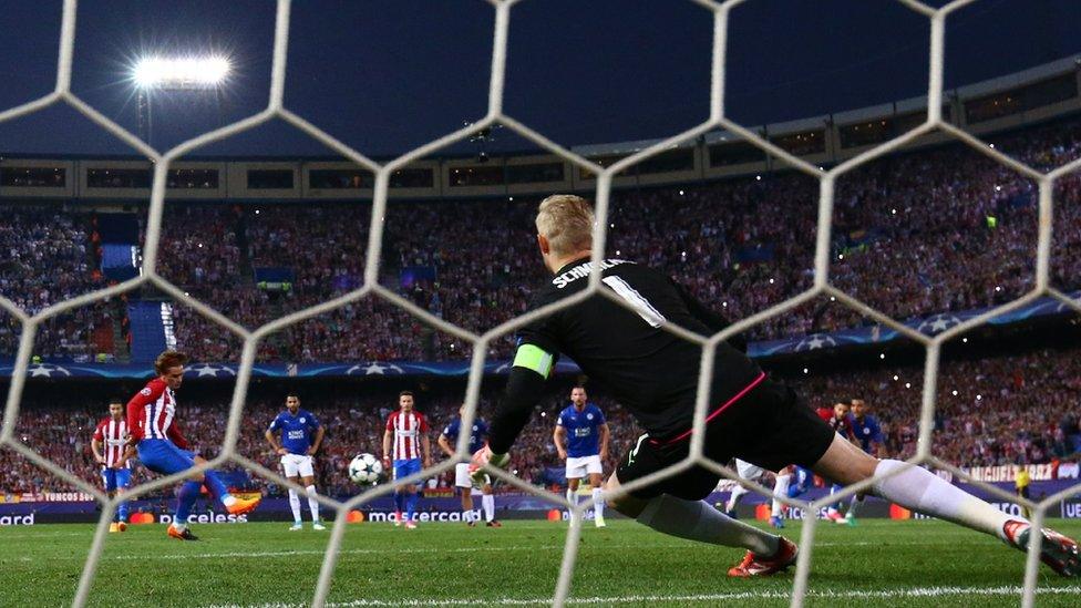 Griezmann (left) then stepped up to the penalty spot and scored, sending Leicester goalkeeper Kasper Schmeichel the wrong way