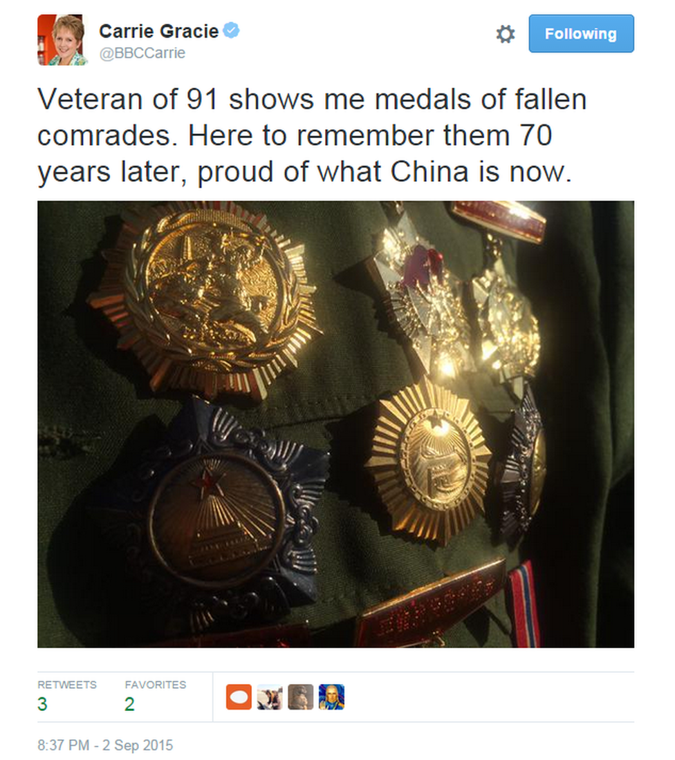 Veteran of 91 shows me medals of fallen comrades. Here to remember them 70 years later, proud of what China is now.