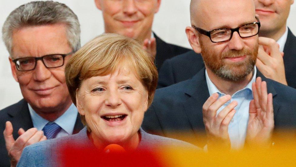 Christian Democratic Union CDU party leader and German Chancellor Angela Merkel reacts after winning the German general election (Bundestagswahl) in Berlin, Germany, September 24, 2017