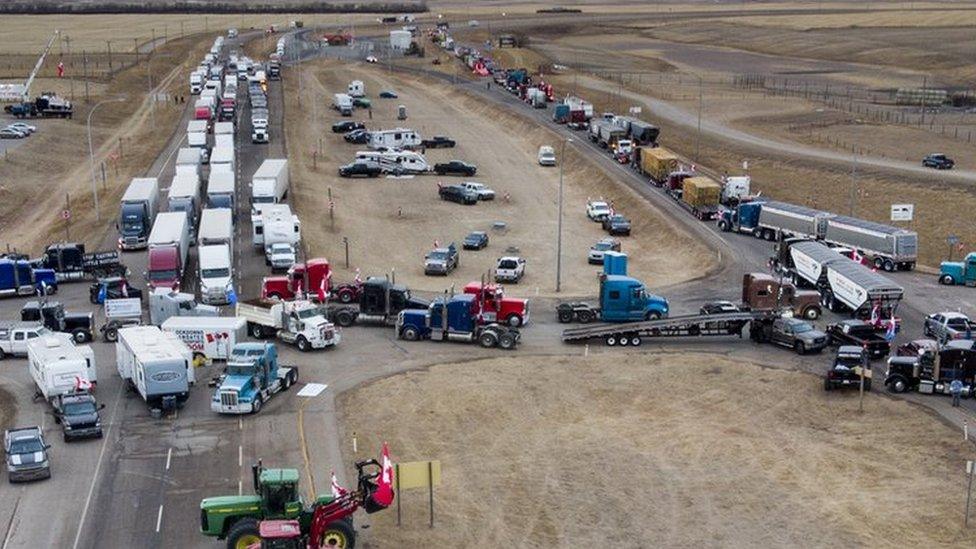 A lorry convoy blocks the US-Canada border near Coutts, Alberta