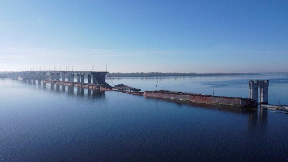 Destroyed Antonivskyi bridge over Dnipro River after Russia's retreat from Kherson. Photo: November 2022