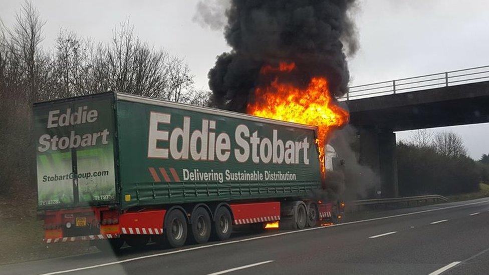 Eddie Stobart lorry on fire