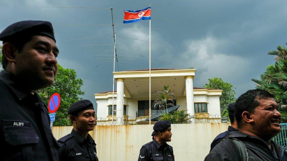 Malaysian police officers gather before a protest organised by members of the youth wing of the National Front, Malaysia's ruling coalition, in front of the North Korea embassy, following the murder of Kim Jong-nam, in Kuala Lumpur, Malaysia, on 23 February 2017