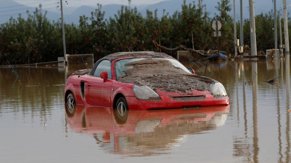 Car caught in typhoon, Japan