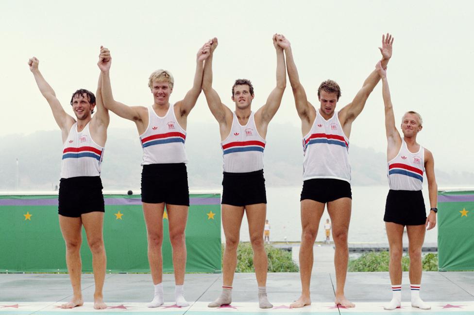 Adrian Ellison (right) at the 1984 Olympics with Martin Cross (left), Richard Budgett, Andy Holmes and Steve Redgrave