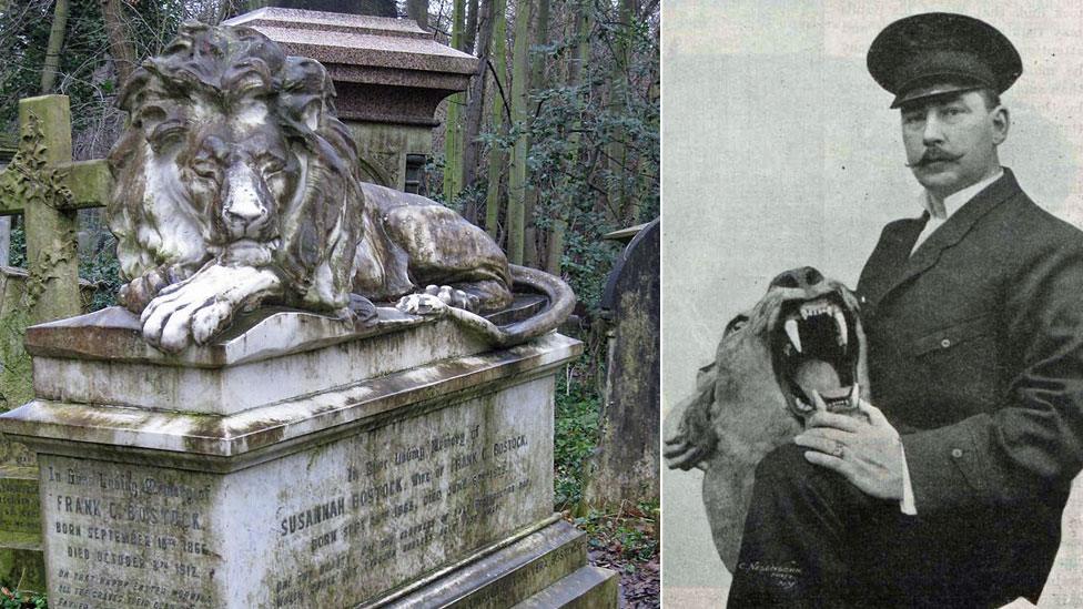 Lion on grave, publicity photo of Frank Charles Bostock with a lion