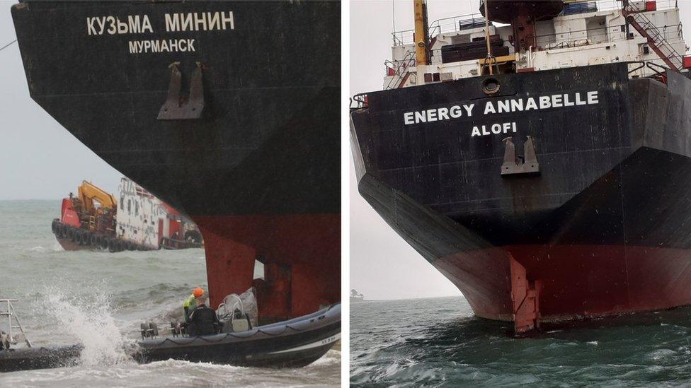 The ship's signage showing its old and new names