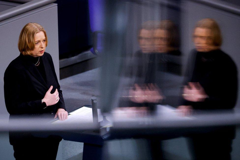 German Parliament President Baerbel Bas speaks during a memorial ceremony at the German Federal Parliament, Bundestag, in Berlin on 27 January 2022