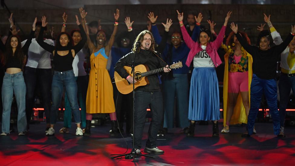 Jamie Webster performs onstage during the National Lottery's Big Eurovision Welcome event outside St George's Hall on May 07, 2023 in Liverpool