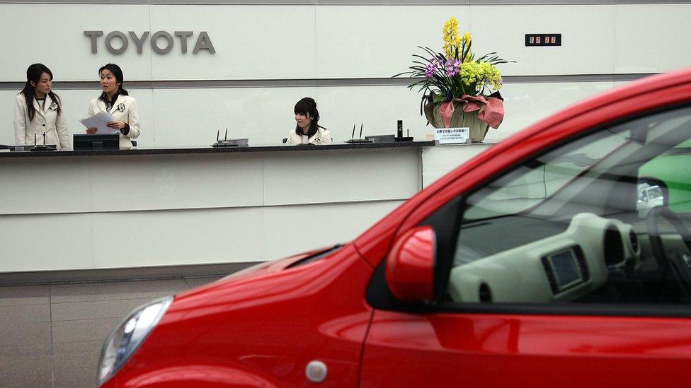 A car is on display at Toyota Motor Corporation's Tokyo headquarters