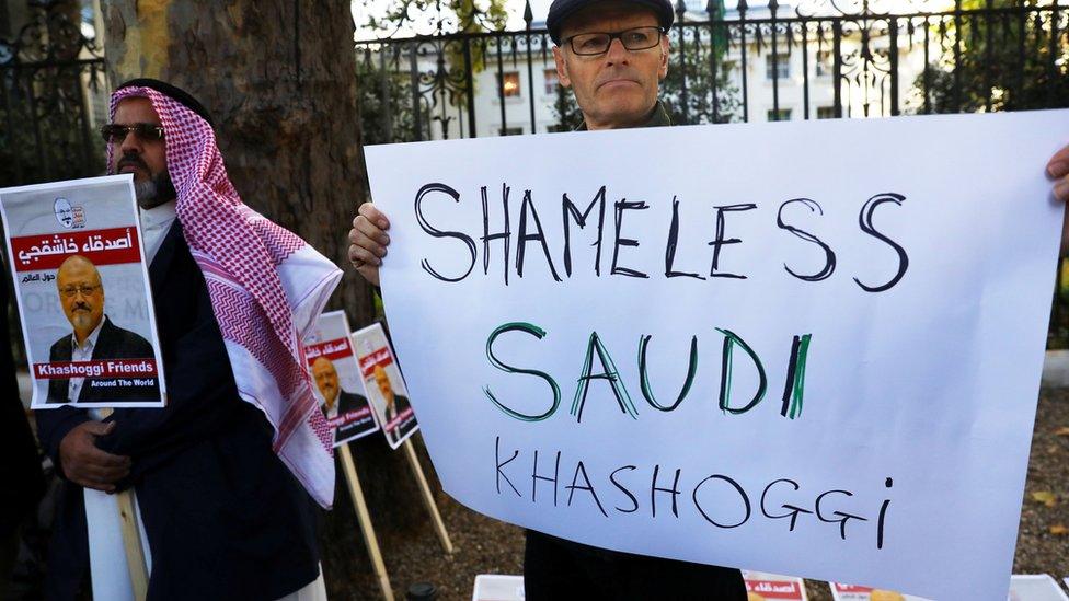 People protest against the killing of journalist Jamal Khashoggi outside the Saudi Arabian Embassy in London, October 26 2018