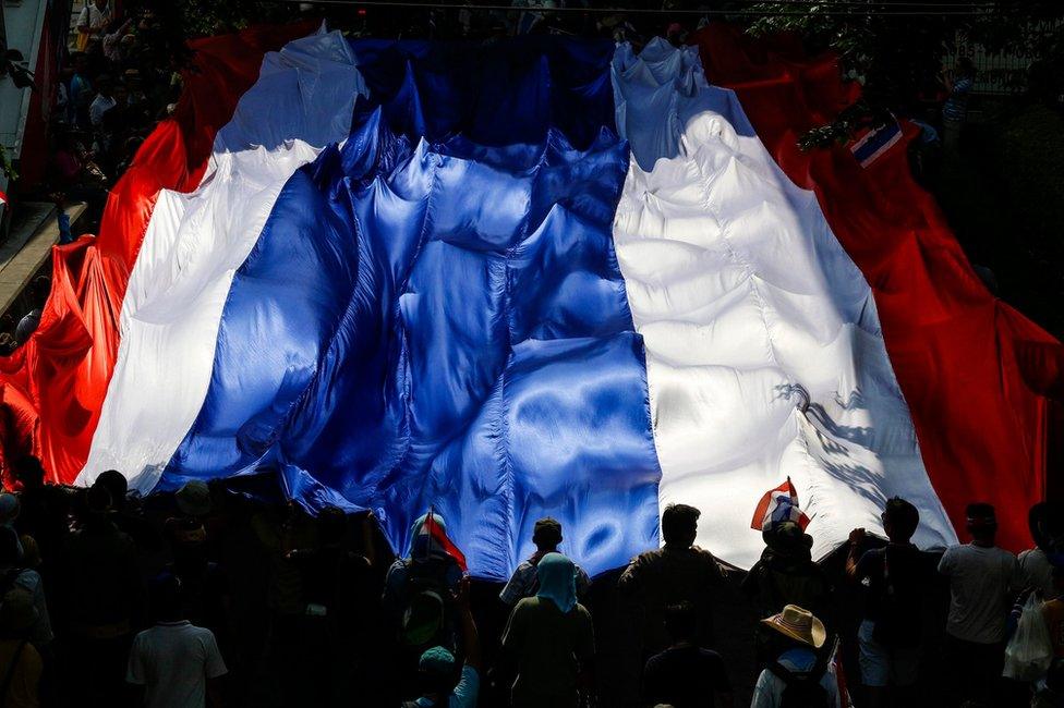 Anti-government protesters march with a large Thai national flag during a rally in Bangkok 9 December 2013.