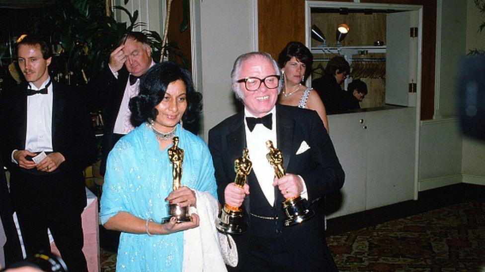 Director Richard Attenborough poses with Bhanu Athaiya