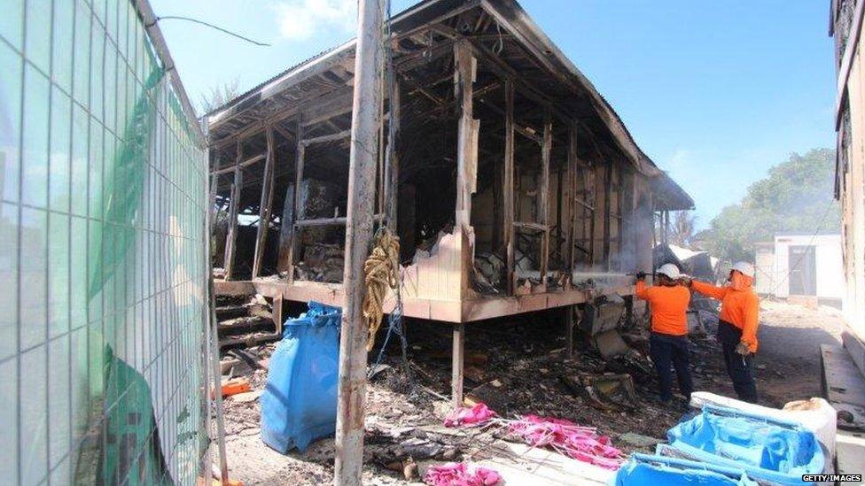 A burned hut at Australia's detention centre in Nauru