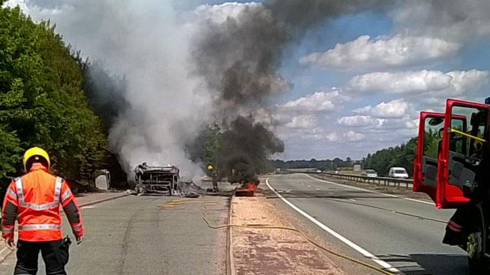 Bus fire on A11