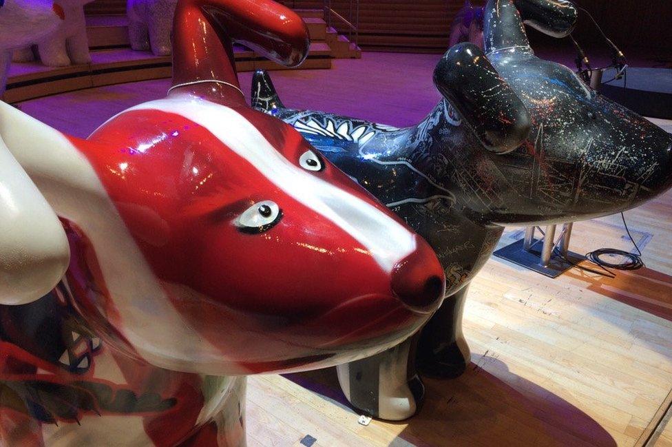 Two snowdogs in position at the Sage Gateshead