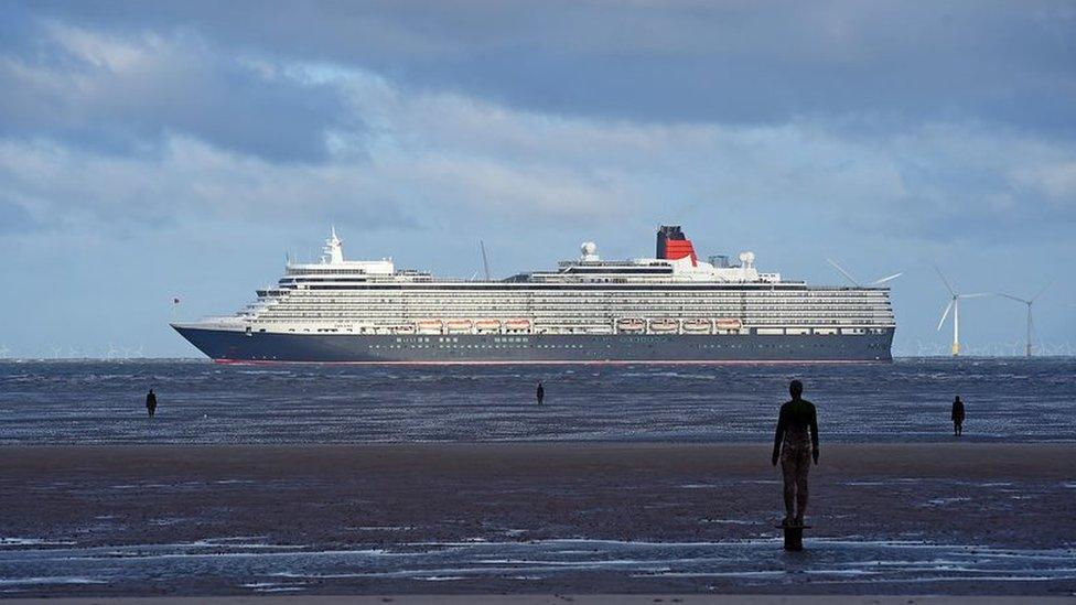 Cunard Queen Elizabeth cruise liner off Crosby Beach