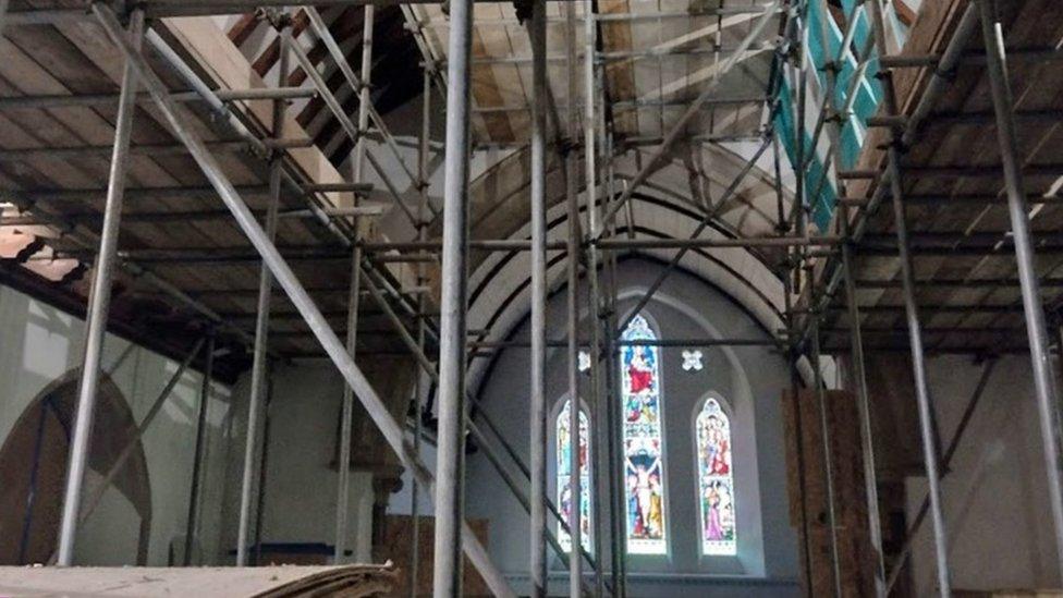 Scaffolding inside the church