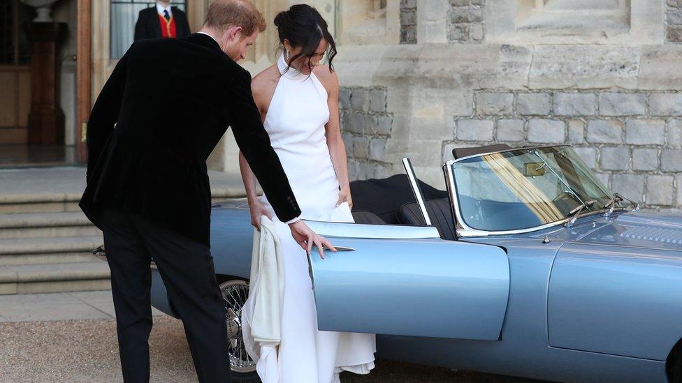 The Duke and Duchess of Sussex about to drive to their evening wedding reception at Frogmore House