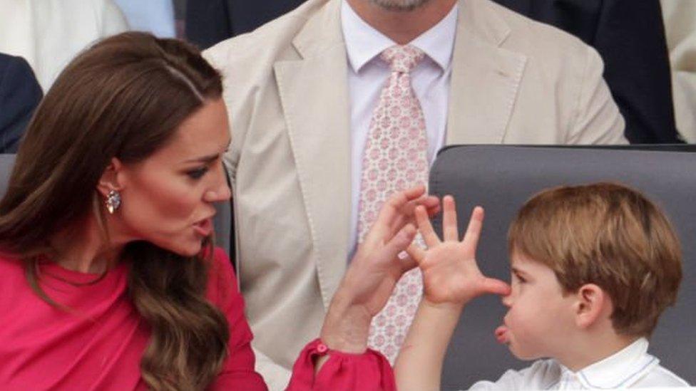 Catherine, Duchess of Cambridge, (L) and Prince Louis of Cambridge (R)