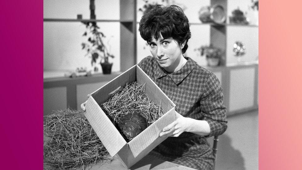 Presenter Valerie Singleton with Blue Peter tortoise.