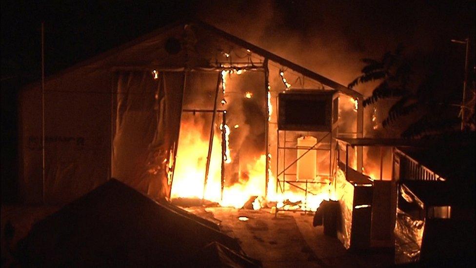 Burning tent at Souda camp, 17 Nov 16