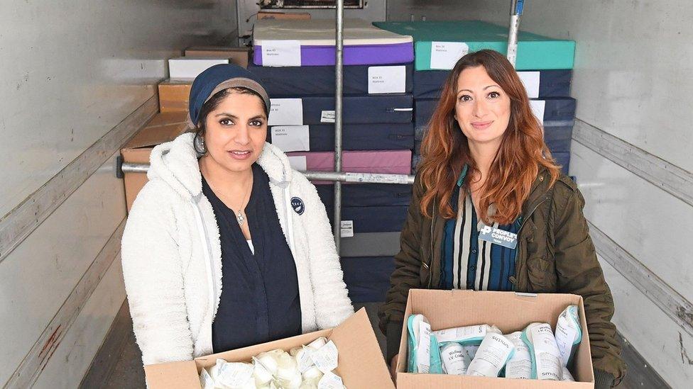Saleyha Ahsan (left), an emergency medicine doctor, and Dr Rola Hallam, consultant anaesthetist, with some of the aid