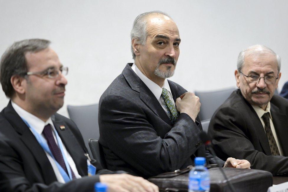 Syrian government's chief negotiator, Bashar Jaafari, at peace talks in Geneva (15 April 2016)