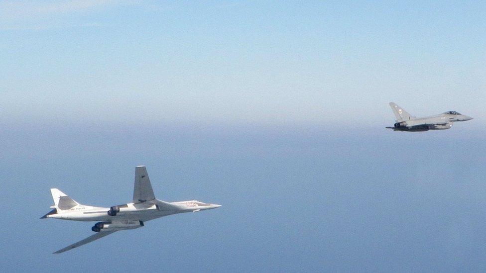 RAF Typhoons from RAF Lossiemouth intercepting two Russian "Blackjack" Bombers flying over the North Sea.