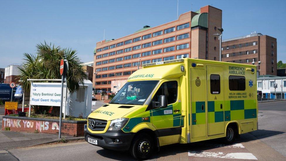 An ambulance pulls out of the Royal Gwent Hospital