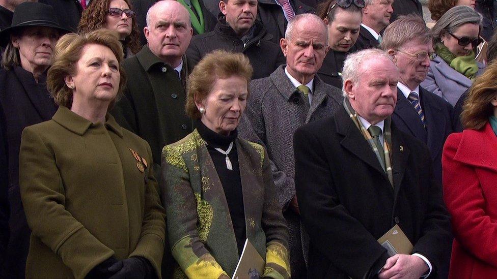 Two former Irish presidents Mary McAleese (left) and Mary Robinson (centre) along with Northern Ireland's Deputy First Minister Martin McGuinness at the commemorations