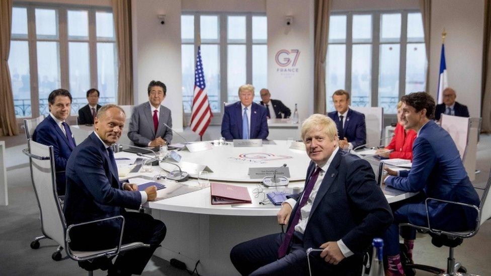 Giuseppe Conte, Donald Tusk, Shinzo Abe, Donald Trump, Boris Johnson, Emmanuel Macron, Angela Merkel and Justin Trudeau