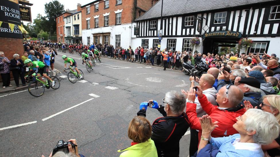 Riders passing through Southwell in the Tour of Britain 2017