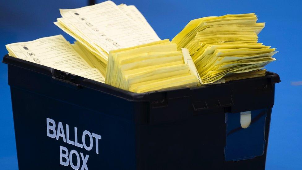 A ballot box with votes