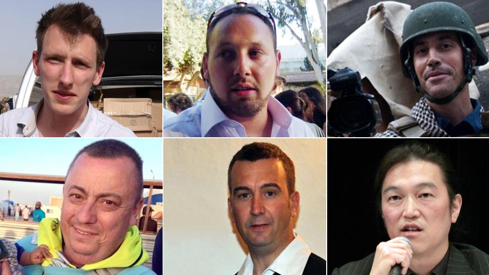 Clockwise from top left: Abdul-Rahman Kassig, Steven Sotloff, James Foley, Kenji Goto, David Haines, Alan Henning