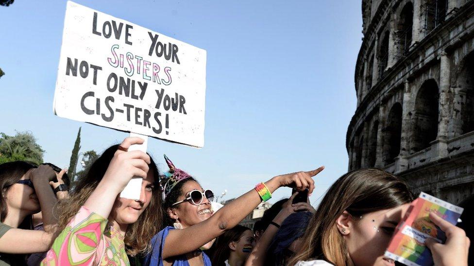 2019 Rome pride marchers are photographed with a 'Love your Sisters not only your Cis-ters' sign