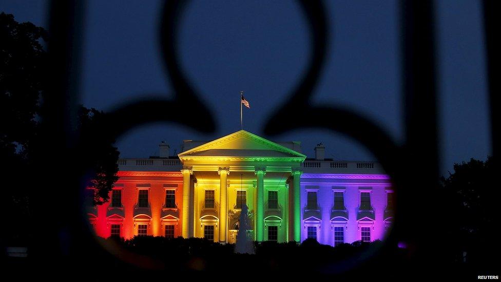 The White House is illuminated in rainbow colors after today"s historic Supreme Court ruling legalizing gay marriage in Washington June 26, 2015.