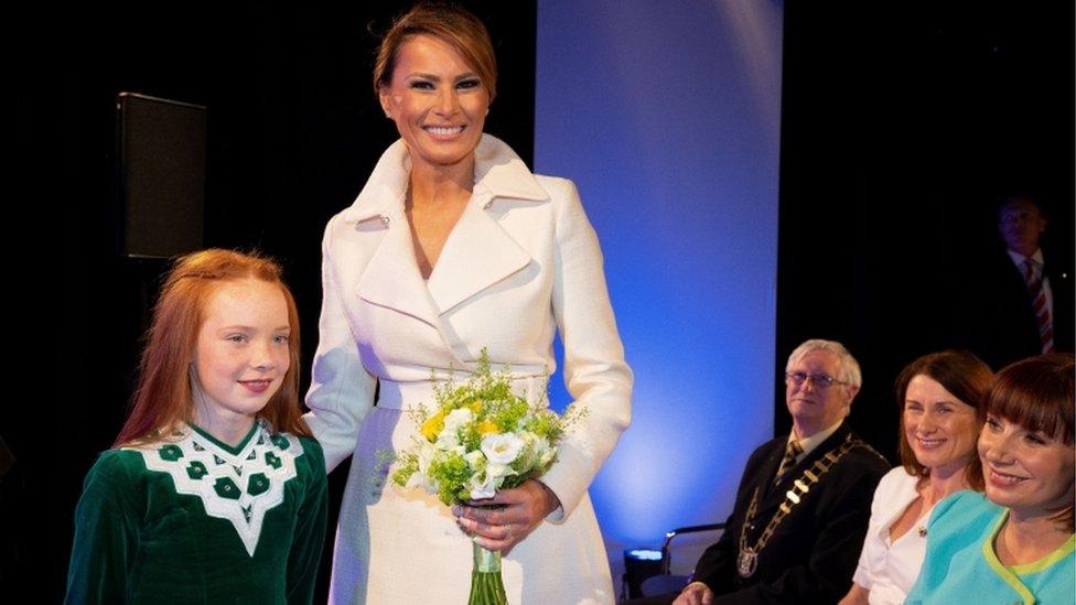 US First Lady, Melania Trump, meets Irish dancers at a welcome function