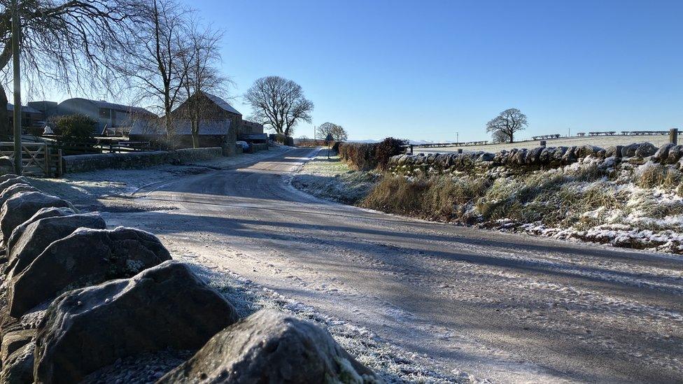 An icy road at Cumwhitton, near Carlisle