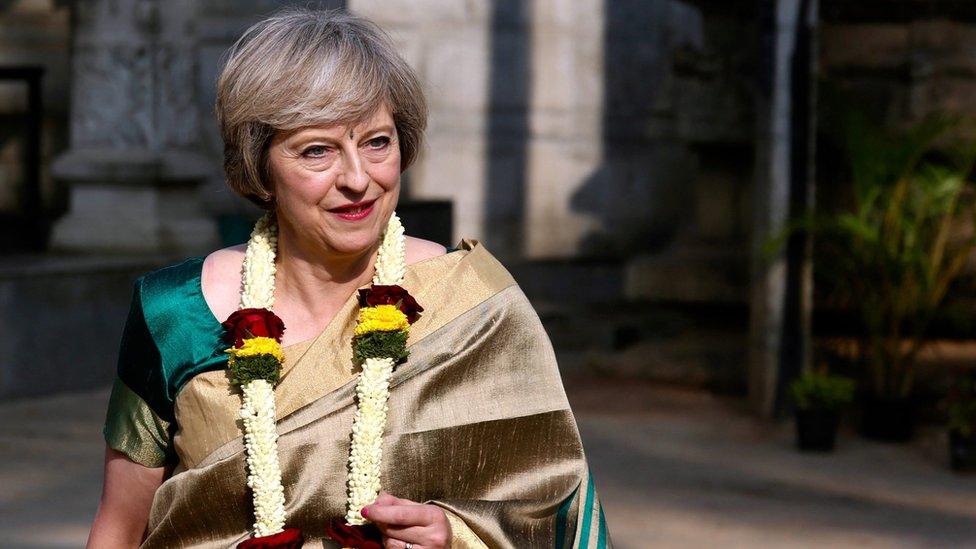 Theresa May during her visit to Hindu God Lord Someshwara Temple in Bangalore, India