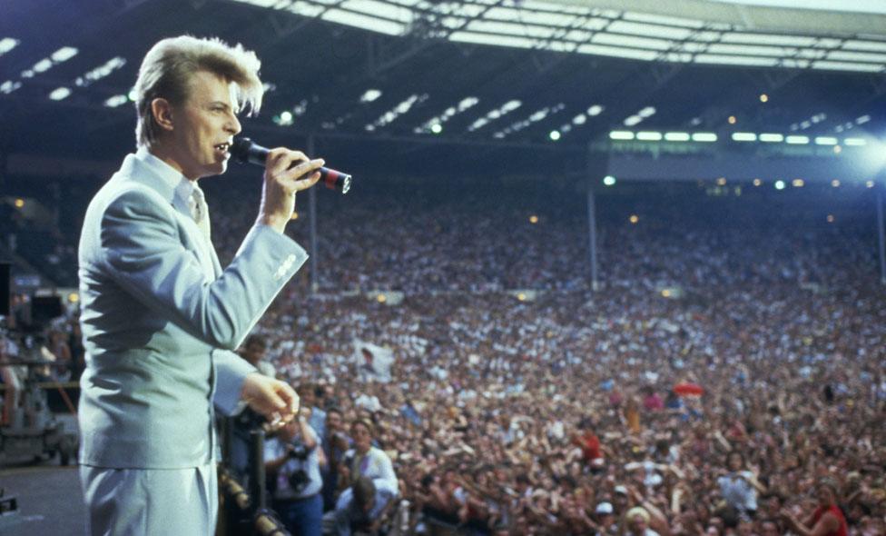 David Bowie performing at the Live Aid concert at Wembley Stadium in London, 13 July 1985