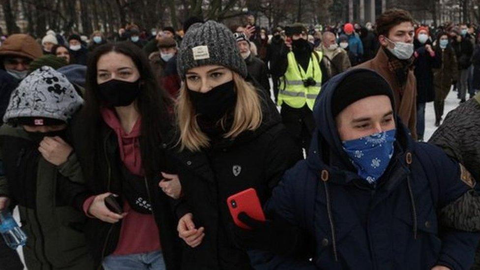 Supporters of the politician Alexei Navalny during a rally in St. Petersburg, Russia, on January 23, 202