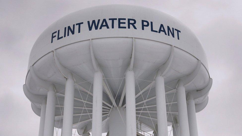 The top of a water tower is seen at the Flint Water Plant in Flint, Michigan in this January 13, 2016 file photo